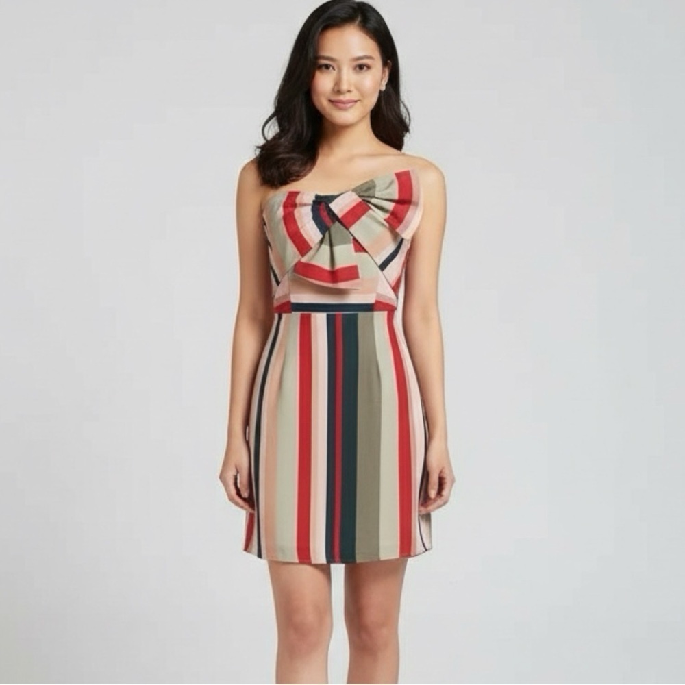 Sam Edelman Strapless Dress  Knee Length Sleeveless Bow Striped Pink Gray